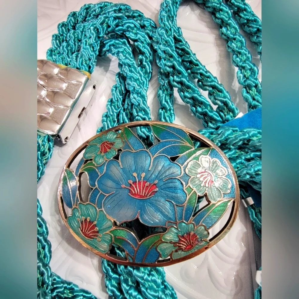 Vintage Sea Gem Floral Cloisonne Buckle Teal Braided Rope Belt